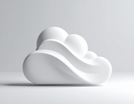 A minimalist white cloud computing icon with smooth curves sits on a plain surface