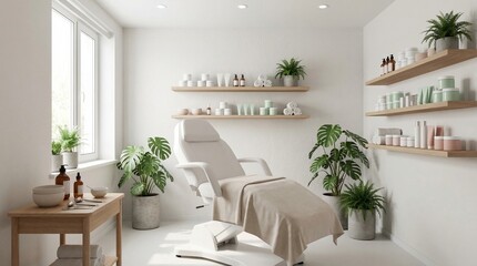 Fototapeta premium Serene spa room with a massage table and potted plants, illuminated by natural light from a window