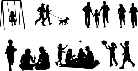 Fototapeta premium People playing with dog various poses black silhouette set collection. 