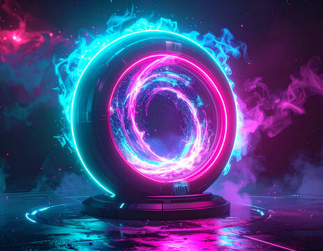 Neon glowing portal generator opens swirling energy vortex with bright pink and cyan lighting effects.