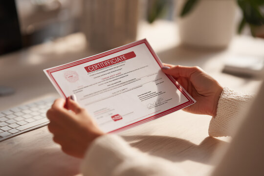 Hands holding printed certificate of online course completion.