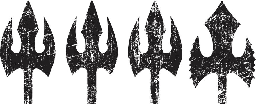 Grunge trident and axe weapon silhouettes set ancient medieval spear heads and battle axes collection