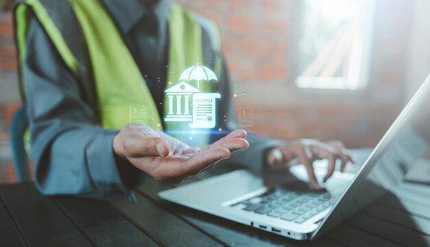 Construction industry insurance safety financial protection worker typing laptop holding digital bank courthouse umbrella policy document icons, risk assessment, corporate safety, financial security