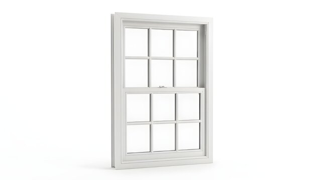 White window frame isolated on white background, classic double hung window for architecture and design projects