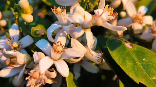Beautiful orange blossom flowers bathed in the warm golden light of a Mediterranean sunset with delicate white petals and green leaves creating a peaceful and aromatic natural atmosphere in springtime