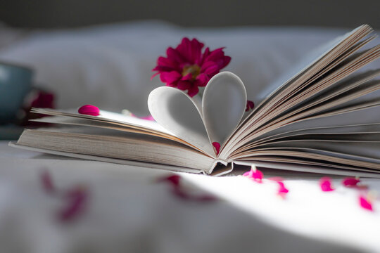 Pink flower on open book on table, soft still life composition, romantic mood, reading concept, springtime aesthetic.