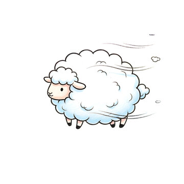Cartoon sheep running fast with motion lines, isolated on white background.