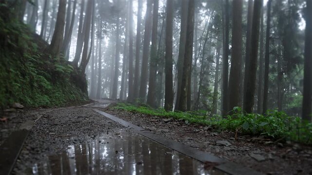 Heavy drops of  rain fall on the forest and trees