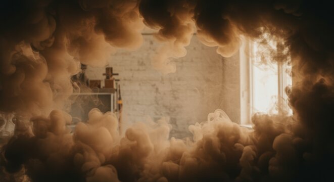 Heavy Smoke Plume Rising in Workshop Setting with Natural Side Light Framing an Industrial Background for Cinematic Design and Copy Space Background