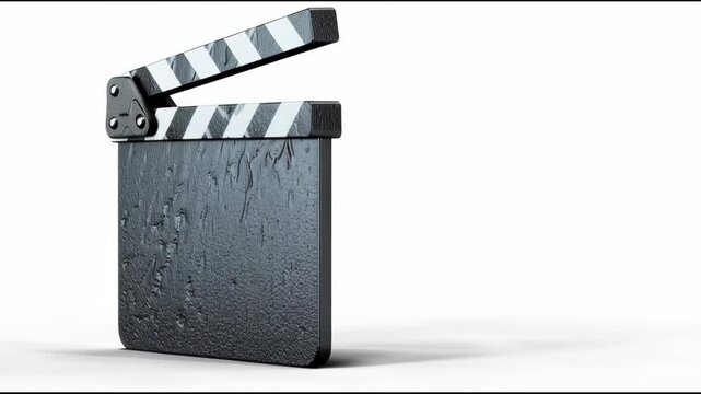 Black film clapperboard with white stripes opens and closes against a white background, showcasing the transition of a filmmaking process in three sequential frames
