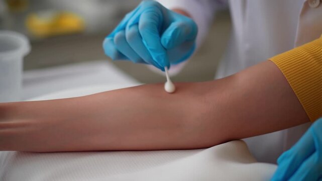 A healthcare professional wearing blue gloves uses a cotton swab to sanitize a patient's arm, likely in preparation for a blood draw, injection, or medical procedure in a clinical setting.