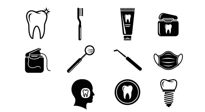 Dental Hygiene Icons: Tooth, Floss, Brush, Paste, Mirror, Mask, Implant