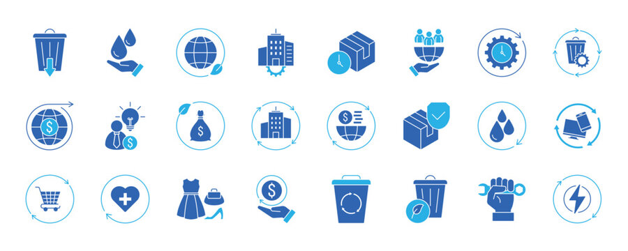Circular economy icon set collection. Sustainable, Green Economy, Recycle Bin, Zero Waste and more. Simple color fill vector.