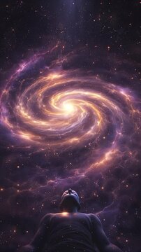 person looking at spiral galaxy in vertical composition, universe exploration concept, cosmic imagination theme, vertical banner with copy space.