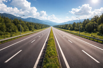 Fototapeta premium Long, straight asphalt highway stretching towards distant mountains under a bright blue sky.
