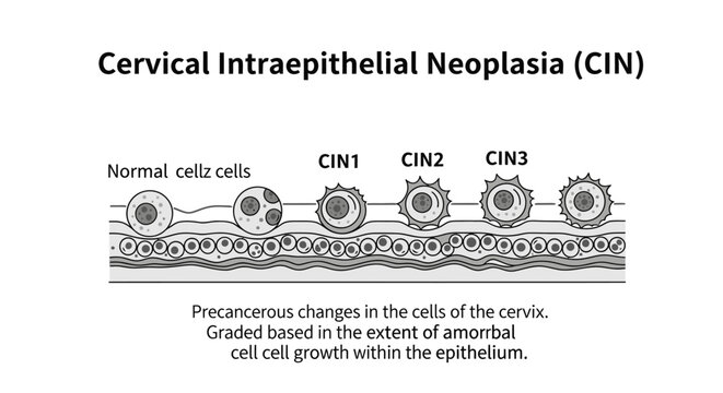 Medical diagram of Cervical Intraepithelial Neoplasia (CIN) showing stages from normal cells to CIN3.