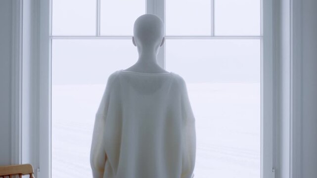 A minimalist video sequence features a figure from behind, clad in a white oversized sweater, standing motionless before a bright window in a serene, white-walled room.
