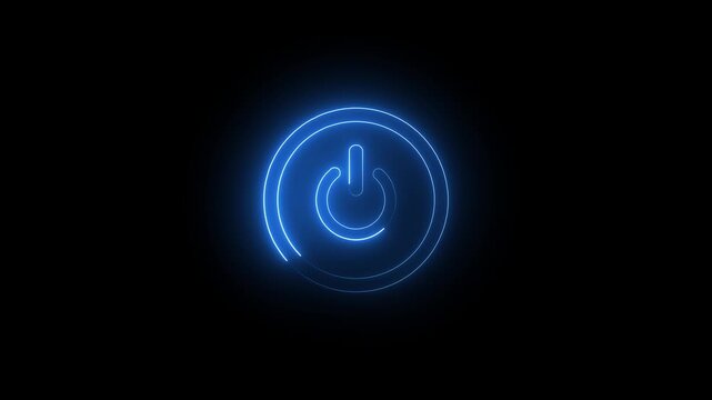 Neon glowing cyan color power button icon animated on a black background ,The appearance of neon symbol power off ,alpha channel. blue power button, neon line power button with animation