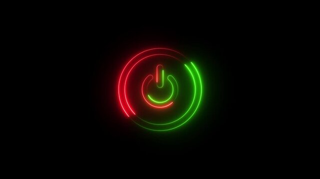 Neon glowing cyan color power button icon animated on a black background ,The appearance of neon symbol power off ,alpha channel. blue power button, neon line power button with animation