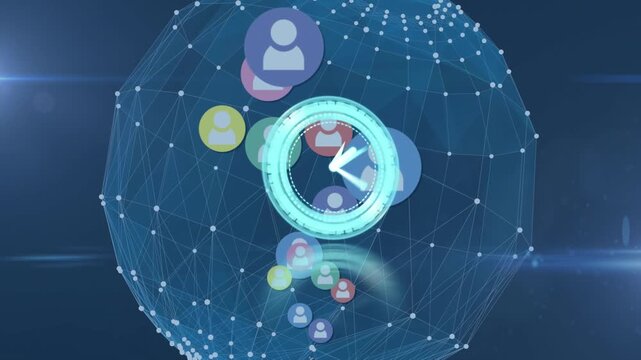 Animation of clock moving over icons, connections and globe on navy background