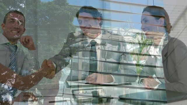 Animation of a construction site over a group of caucasian engineers