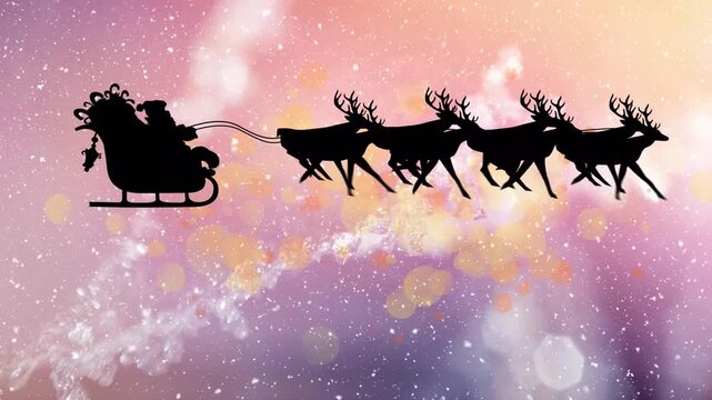 Animation of santa claus in sleigh with reindeer over snow falling