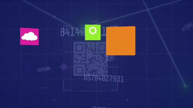 Animation of data processing and icons over play screen on blue background