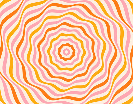 Groovy floral concentric vector geometric background in pink, orange and yellow colors, summer wavy lines optical illusion pattern for posters and flyers