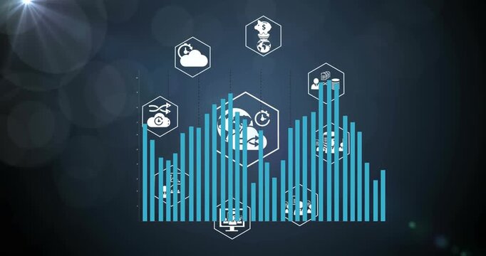 Animation of statistical data processing over digital icons against light spot on blue background