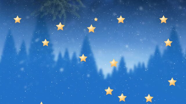 Animation of stars and snow falling over winter landscape at christmas