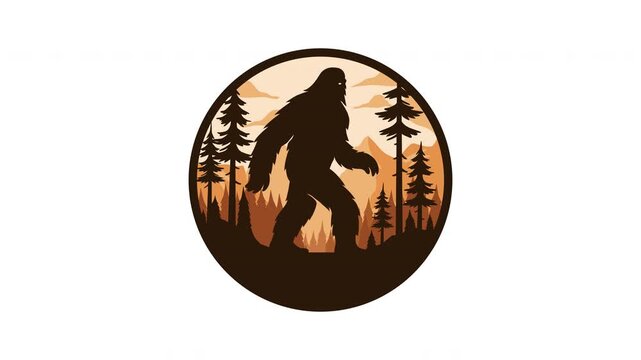 Minimal logo style illustration of Bigfoot silhouette in forest inside circular badge. Includes green screen and alpha channel versions with placeholder text, suitable for intro, branding, overlays