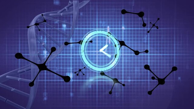 Animation of molecules, clock and dna on blue background