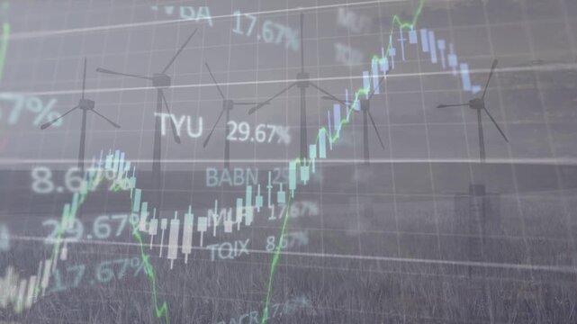 Animation of financial and stock market data processing over spinning windmills in grassland
