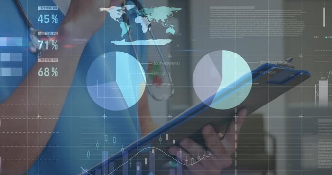 Animation of financial graphs and data over midsection of caucasian male doctor making notes