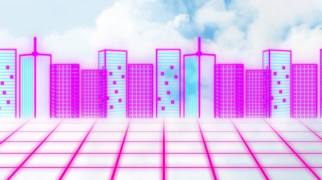 Animation of digital city and neon lines over sky with clouds