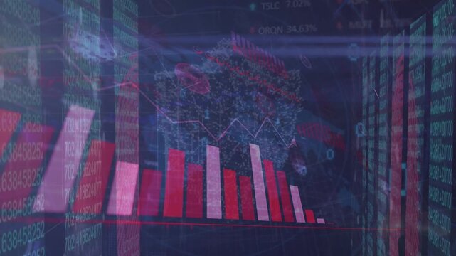 Animation of numbers, digital shield, graphs and servers