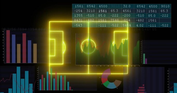 Animation of neon stadium over data processing on black background