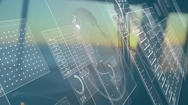 Animation of interface with data processing against close up of a dreamcatcher against sunset sky