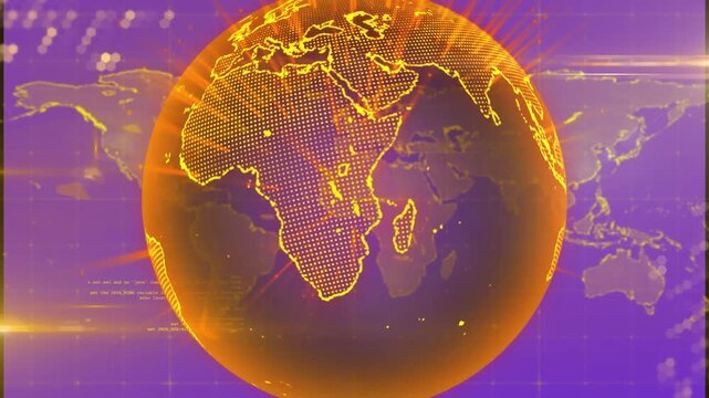 Animation of globe with hands of orange spots over red background