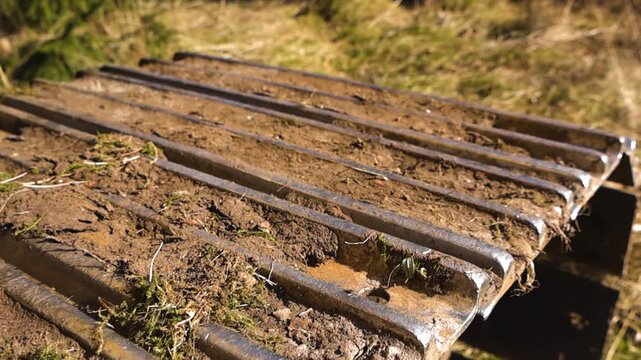 Detailed close up view of a muddy excavator caterpillar track with steel tines moving slowly over a grassy field on a sunny day, showcasing the heavy machinery's powerful movement