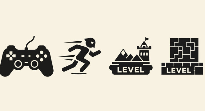 Video Game Icons: Controller, Runner, Castle Level, Puzzle Level