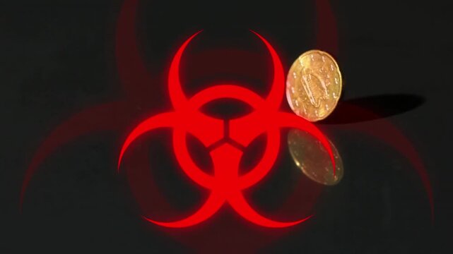 Animation of biohazard symbol over golden coin spinning against black background