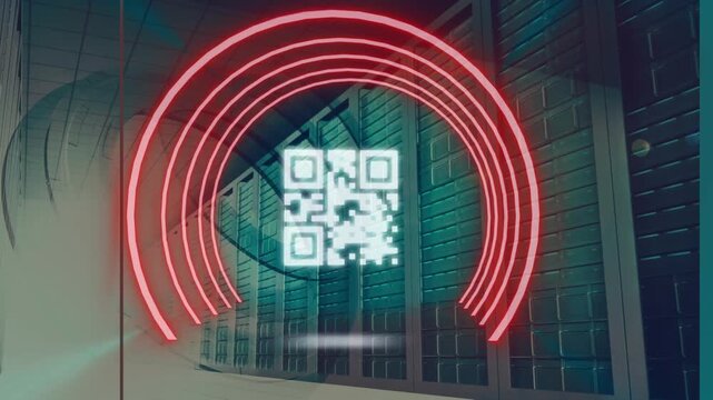 Animation of neon qr code scanner and round scanners against computer server room