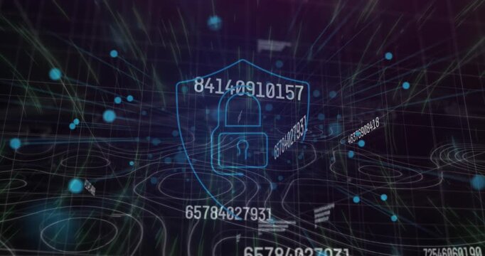 Animation of flying dots and live count with padlock and shield against abstract pattern