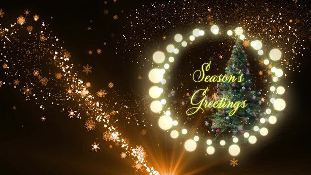 Animation of season's greetings text over christmas tree and snowflakes on black background