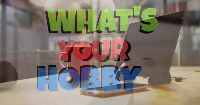 Animation of what's your hobby text over smartphone and tablet on desk