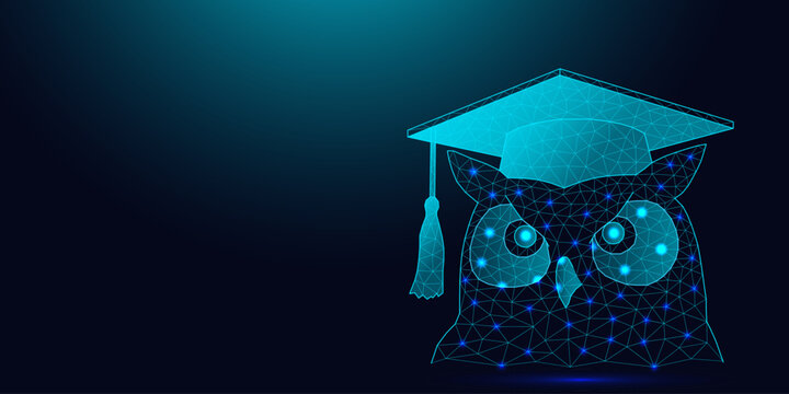 Low poly wireframe owl wearing a graduation cap on a dark background.