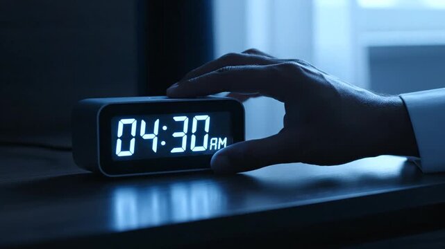 At 04:30 AM in a dimly lit room, a hand reaches out to touch a digital alarm clock on a bedside table, likely snoozing it, before pulling away into the darkness.