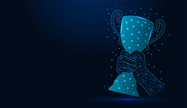 Low poly wireframe hand holding winner cup trophy on dark blue background.