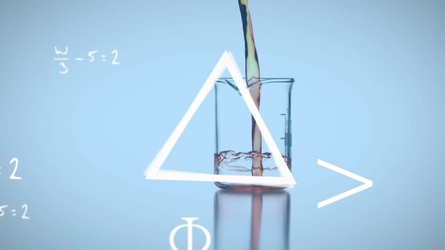 Animation of math equations, symbols, triangles over slow-motion of liquid falling in beaker